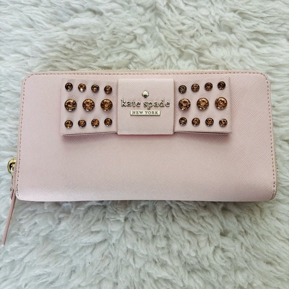 Kate Spade Pink Leather w/ Bow w/ Rhinestone zip around Long Wallet - Picture 2 of 16